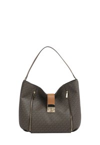 Borsa Michael Kors marrone con due cerniere verticali, una tracolla in pelle color cuoio e una chiusura frontale color oro.