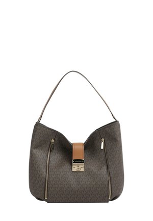 Borsa Michael Kors marrone con due cerniere verticali, una tracolla in pelle color cuoio e una chiusura frontale color oro.