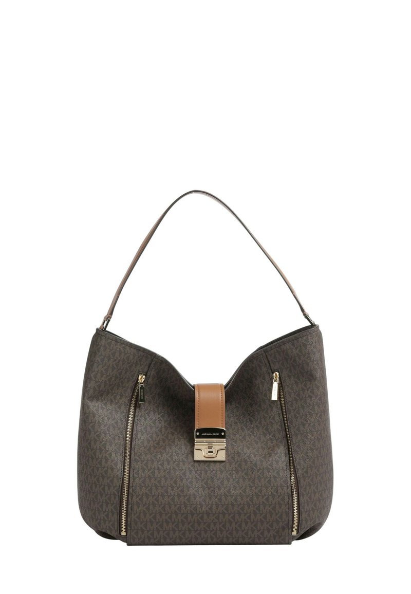 Borsa Michael Kors marrone con due cerniere verticali, una tracolla in pelle color cuoio e una chiusura frontale color oro.