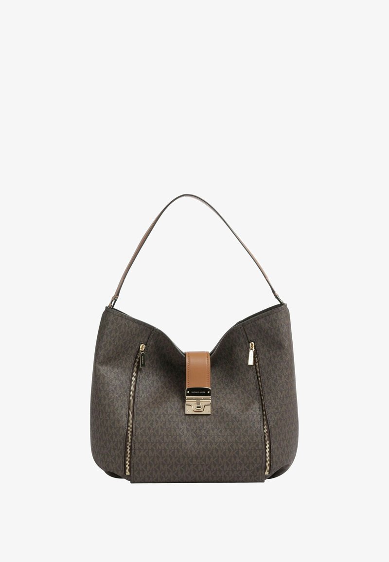 Borsa Michael Kors marrone con due cerniere verticali, una tracolla in pelle color cuoio e una chiusura frontale color oro.