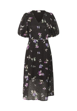 Schwarzes Midi-Kleid mit Puffärmeln, V-Ausschnitt und mehrfarbigem Blumenmuster auf einem Zickzack-musternden Stoff.