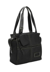 Bolso tote negro con un diseño estructurado, que presenta costuras en contraste, asas de transporte, un estuche extraíble y un acabado texturizado.