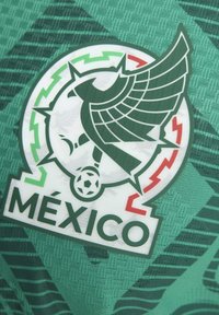 Green eagle logo with a soccer ball and spiked circle border in red and green, above the word Mexico on a textured green fabric.