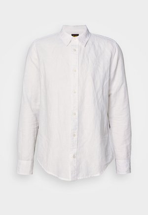 Camicia bianca a maniche lunghe in lino, con colletto button-down, bottoni frontali e un piccolo logo ricamato sul petto.