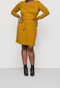 Robe jaune moutarde avec des manches longues, taille ceinturée et texture douce. Longueur au-dessus des genoux, associée à des bottines noires.