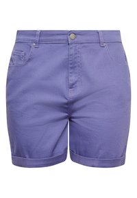 Fialové džínové kraťasy s ohrnutým lemem, s přední kapsou, poutky na opasek a kovovým knoflíkem na zapínání. Hladká textura a přiléhavý střih.