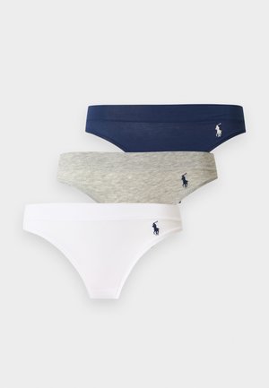 Trois culottes bikini pour femmes en marine, gris clair et blanc, chacune ornée d'un petit logo brodé d'un joueur de polo sur la hanche.