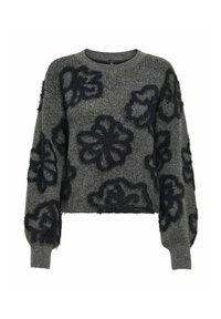 Grauer Strickpullover mit schwarzen, flauschigen Blumenmustern, langen Ärmeln, Rundhalsausschnitt und gerippten Bündchen und Saum.