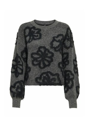 Grå strikket genser med svarte lodne blomsterdesign, lange ermer, rund hals og ribbede mansjetter og kant.