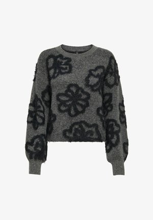 Pilkas megztinis su juodais pūkuotais gėlių raštais, ilgomis rankovėmis, apvaliu kaklu ir remeliais ant rankovių bei apačios.