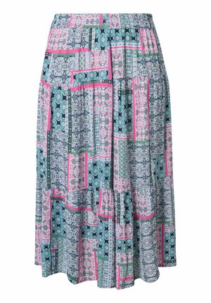 Knælængde nederdel med elastisk taljebånd, prydet med et patchwork-mønster i teal, pink og sort med geometriske og blomsterdesigns.