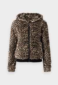 Leopard-print faux fur hoodie with a front zipper, black ribbed hem and cuffs, and a lined hood. Soft texture and warm appearance.