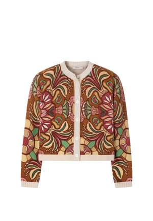 Bruine cardigan met knopen, met multikleurige abstracte bloemmotieven in roze, groen en crème, voorzien van een geribbelde kraag, manchetten en zoom.