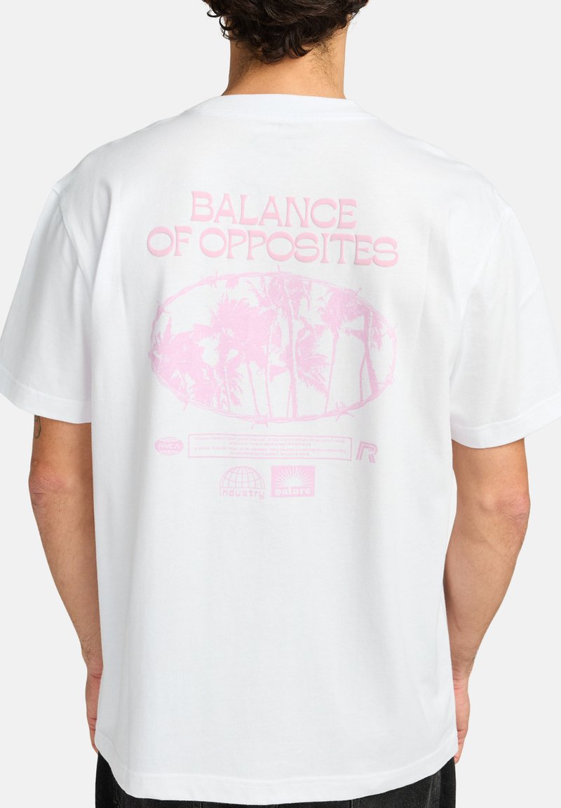 White cotton t-shirt featuring a large pink graphic print on the back, reading "BALANCE OF OPPOSITES," with palm trees and circular design elements.