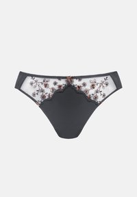 Zwarte string met doorzichtige kantpanelen en bloemborduurwerk in tinten van oranje en roze. Gegolfde randen en een kleine decoratieve strik in het midden.