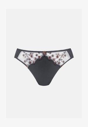 Zwarte string met doorzichtige kantpanelen en bloemborduurwerk in tinten van oranje en roze. Gegolfde randen en een kleine decoratieve strik in het midden.