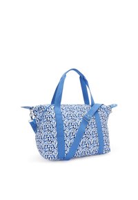 Borsa blu e bianca con motivo, dotata di manici corti e di una lunga tracolla regolabile, realizzata in tessuto con una texture liscia e una forma arrotondata.
