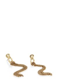 Guldtonede øreringe med et kæde-design og en bølget tekstur, fastgjort med en lukning, der ligner et stiliseret bogstav "M."