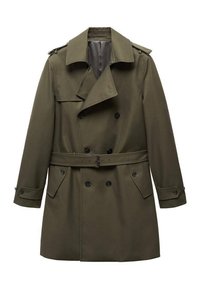 Olivgrüner Trenchcoat mit doppelter Knopfleiste, breitem Kragen, Gürtel und geknöpften Akzenten. Hergestellt aus glattem, strapazierfähigem Stoff.