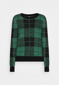 Pull à carreaux verts et noirs en maille texturée, doté d'un col rond et de poignets et ourlet côtelés pour un ajustement près du corps.