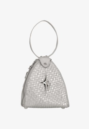 Borsa a tracolla in similpelle argento a forma triangolare con superficie texturizzata, dotata di chiusura a zip e decorazione a forma di stella sul davanti.