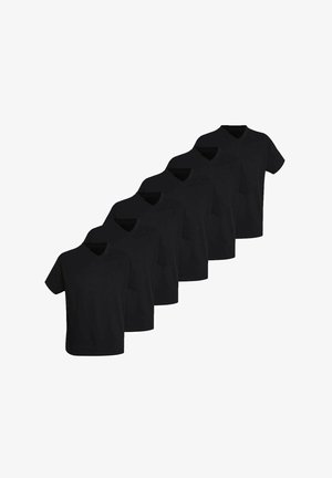 Black v-neck t-shirts, short sleeves, cotton material, smooth texture, arranged in a row, showcasing a uniform design.