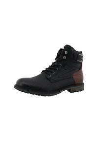 Schwarze Lederknöchelstiefel mit braunen Akzenten, Schnürdesign, Gummisohle und Metallschnalle seitlich. Texturierter Schaft für besseren Halt.