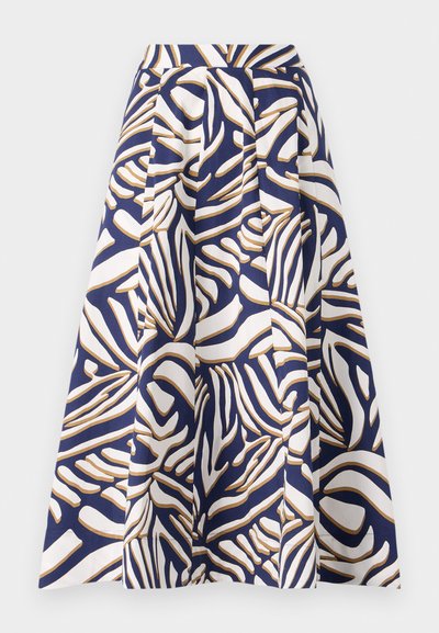 Térd fölötti pamut szoknya, tengerészkék háttérrel, az élénk fehér és arany absztrakt minták díszítik; a redők extra volumenet biztosítanak.