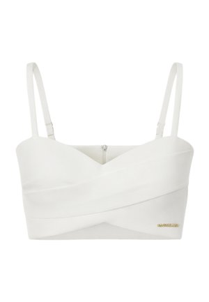 Top corto bianco con sottili spalline regolabili, design con bande incrociate sul davanti e piccolo logo dorato "Marcelas" sul lato inferiore.