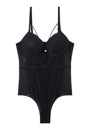 Body nero in pizzo e tessuto trasparente. Presenta coppe imbottite, spalline regolabili e una vita aderente. Design con fondo aperto.