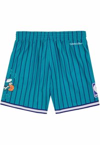 Turkusowe szorty do koszykówki z pionowymi granatowymi paskami, z siateczkowego materiału, z elastycznym pasem oraz nadrukowanym logo przedstawiającym kreskówkową postać kozłującą piłkę.