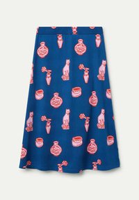Falda azul con un patrón repetido de gatos rosas, jarrones y flores. Hecha de una tela suave con un diseño acampanado y una cinturilla elástica.