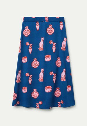 Falda azul con un patrón repetido de gatos rosas, jarrones y flores. Hecha de una tela suave con un diseño acampanado y una cinturilla elástica.