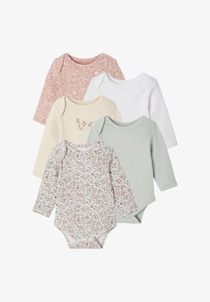 Five long-sleeve bodysuits in soft cotton. Colors include dusty rose, cream, white, and muted green, with floral patterns and simple designs.