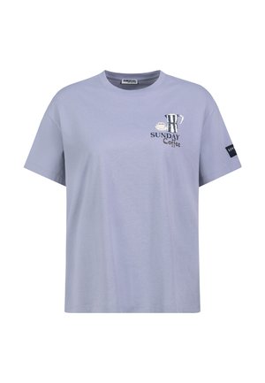Lavender short-sleeve T-shirt with a coffee pot, cup illustration, and "Sunday Coffee" text on the chest and a black sleeve tag.
