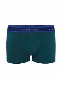 Ciemnozielone bokserki z niebieskim pasem, na którym znajduje się tekst "slopes & town", wykonane z miękkiego materiału, zapewniającego dopasowany krój i gładką teksturę.