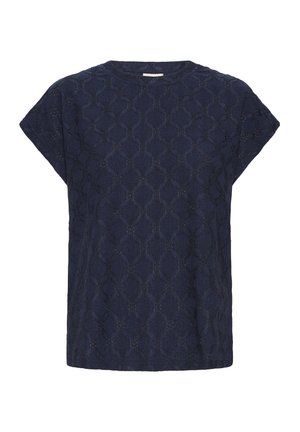 Bluză bleumarin cu mâneci scurte din dantelă, cu guler rotund și un model subtil geometric în formă de diamant.