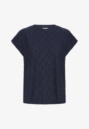 Marineblå kortærmet bluse i blonder med rund halsudskæring og et subtilt geometrisk diamantmønster.