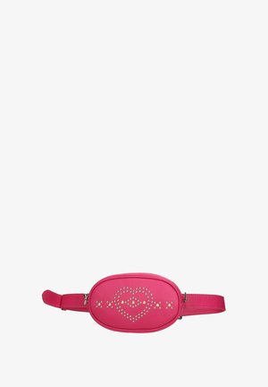 Marsupio in ecopelle rosa a forma ovale, con design a forma di labbra borchiate, tracolla regolabile e chiusura con zip.