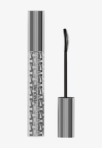 Tubo di mascara con un cappuccio argento e un corpo grigio decorato. Include un applicatore nero con texture. Design geometrico moderno.