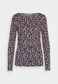 Långärmad svart topp med ett flerfärgat abstrakt mönster i orange, blått och vitt. Har en rund halsringning och en figurnära stil.