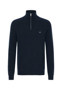 Maglione a coste blu navy con colletto alto e zip a un quarto. Presenta un piccolo logo sul lato sinistro del petto, maniche lunghe e tessuto testurizzato.