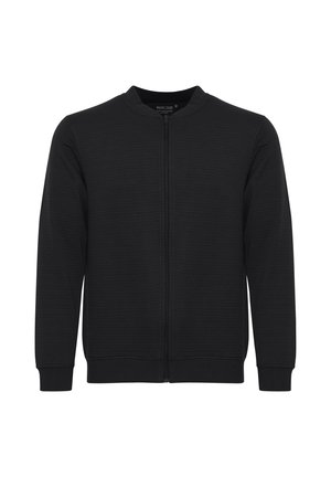 Črna zip-up dukserica z rebrasto teksturo, okroglim izrezom in dolgimi rokavi. Preprost dizajn brez vidnih logotipov ali poudarkov.