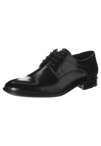 Scarpa da uomo in pelle nera con finitura liscia, punta rotonda, design con lacci e tacco basso impilato. Presenta accenti di cuciture sottili.