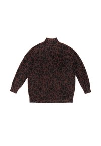 Suéter de punto de leopardo marrón con cuello alto, hombros caídos y mangas largas. Hecho de una suave tela texturizada. Corte relajado.