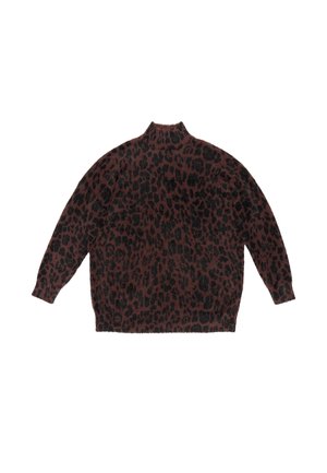 Brązowy sweter w wzór panterki z wysokim kołnierzem, obniżonymi ramionami i długimi rękawami. Wykonany z miękkiego, teksturowanego materiału. Luźny krój.