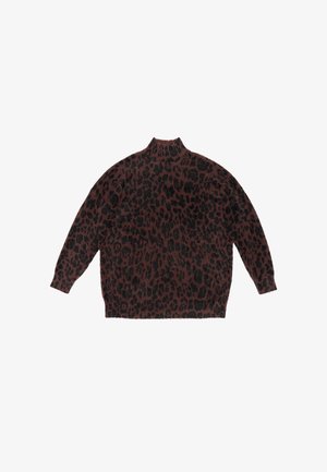 Pull z braon vzorom leopard sa visokim ovratnikom, spuštenim ramenima i dugim rukavima. Napravljen od mekog, teksturiranog materijala. Opusten kroj.