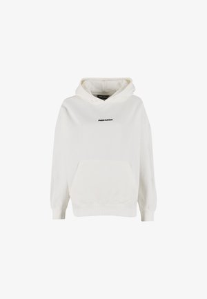 Biała bluza z kapturem, przednią kieszenią i małym czarnym logo "PEGADOR" na środku klatki piersiowej.