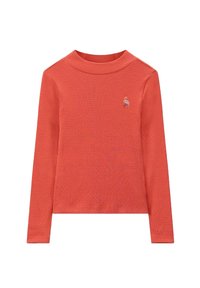 Langsleeve geribbelde top in fel koraal met een hoge halslijn en kleine flamingo borduursel op de borst. Zachte textuur, aansluitend ontwerp.