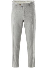 Graue maßgeschneiderte Hose mit strukturierter Oberfl äche, ausgestattet mit einem Knopfverschluss und zwei vorderen Falten, entworfen für eine taillierte Silhouette.